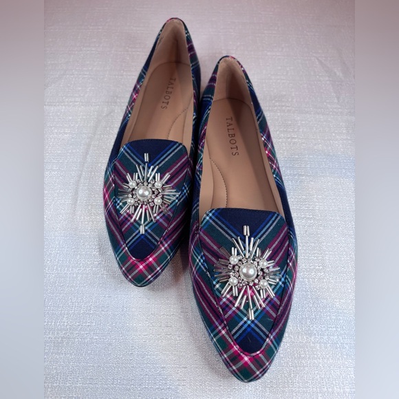 Talbots Shoes - Talbots NWOT Plaid Flats with Silver and Pearl Embellishments W 7.5